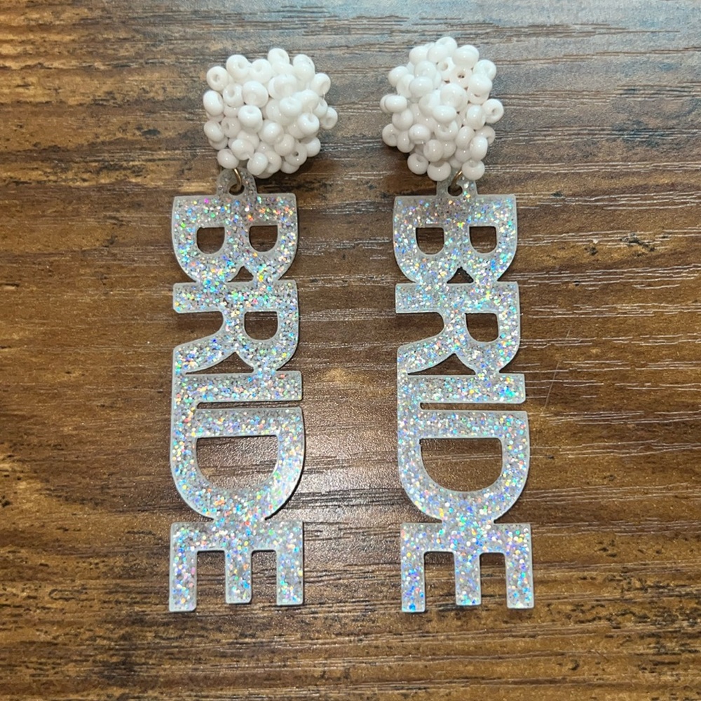 Bride Earrings - beaded top with dangle BRIDE glitter letters